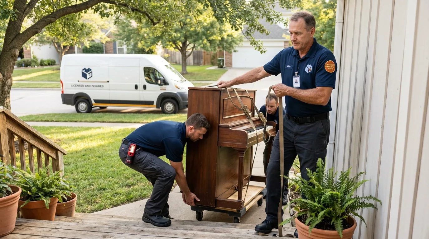 Licensed piano movers securing grand piano in Grayling, MI