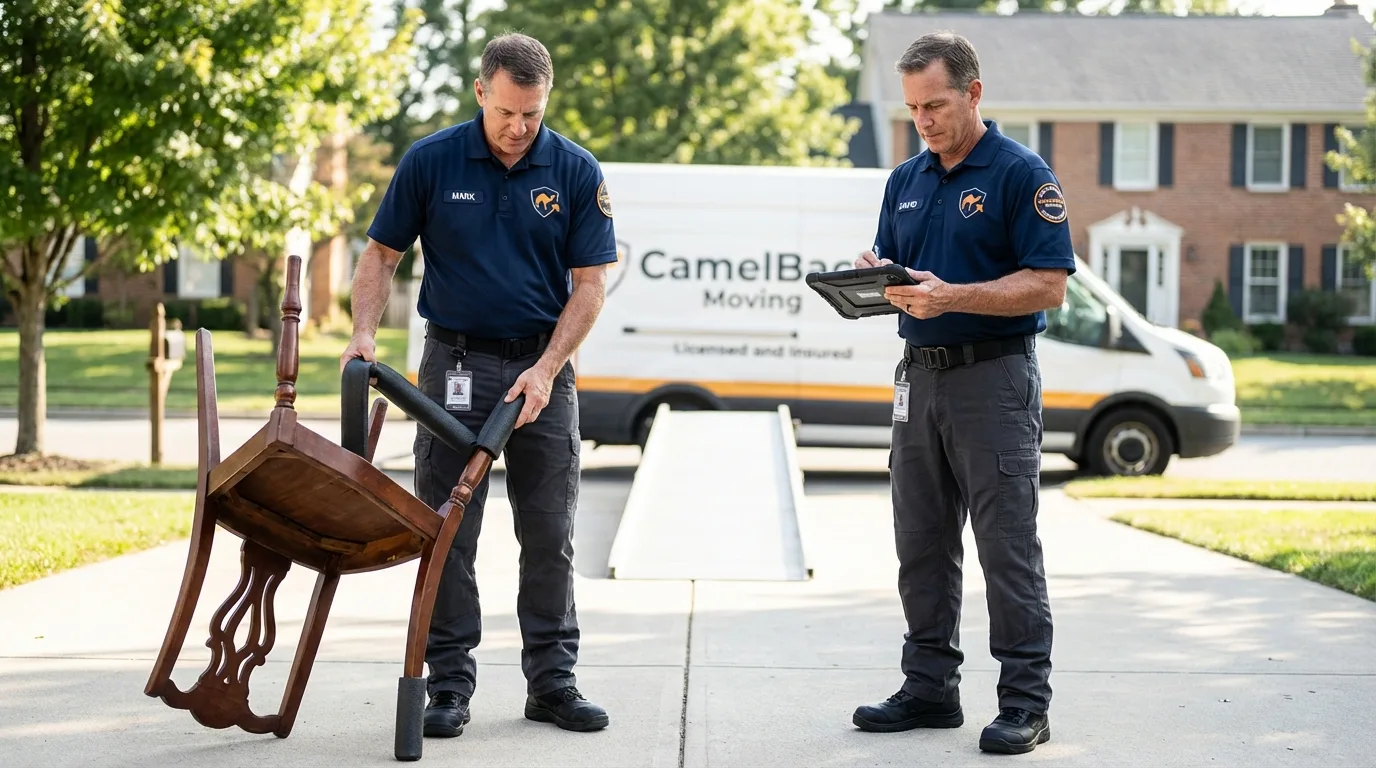 Movers inspecting furniture for damage prevention before loading in Grayling, MI