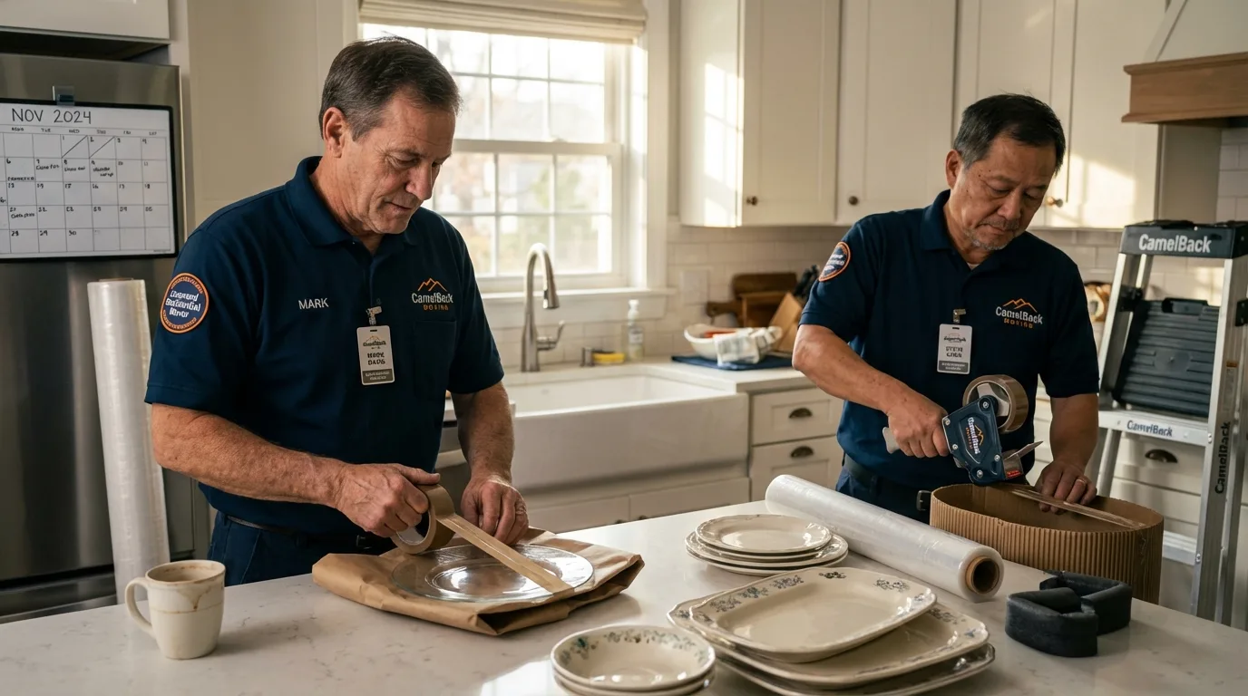 Professional crew packing kitchen dishware in Grayling, MI